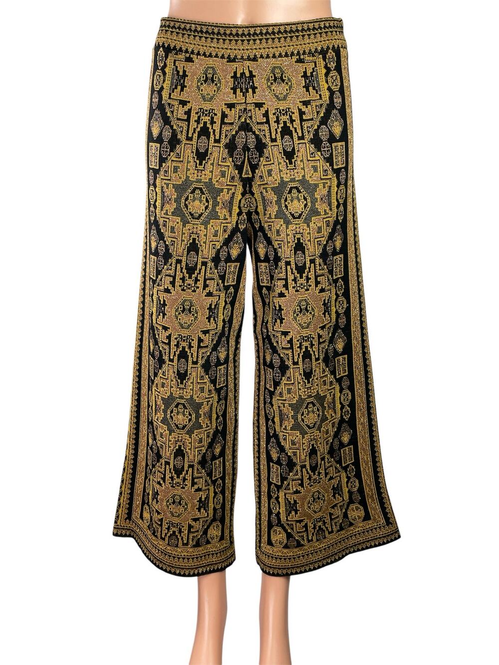 Zara Women Gold Black Aztec Boho Jacquard Cropped Wide Leg Trousers Pants Size S